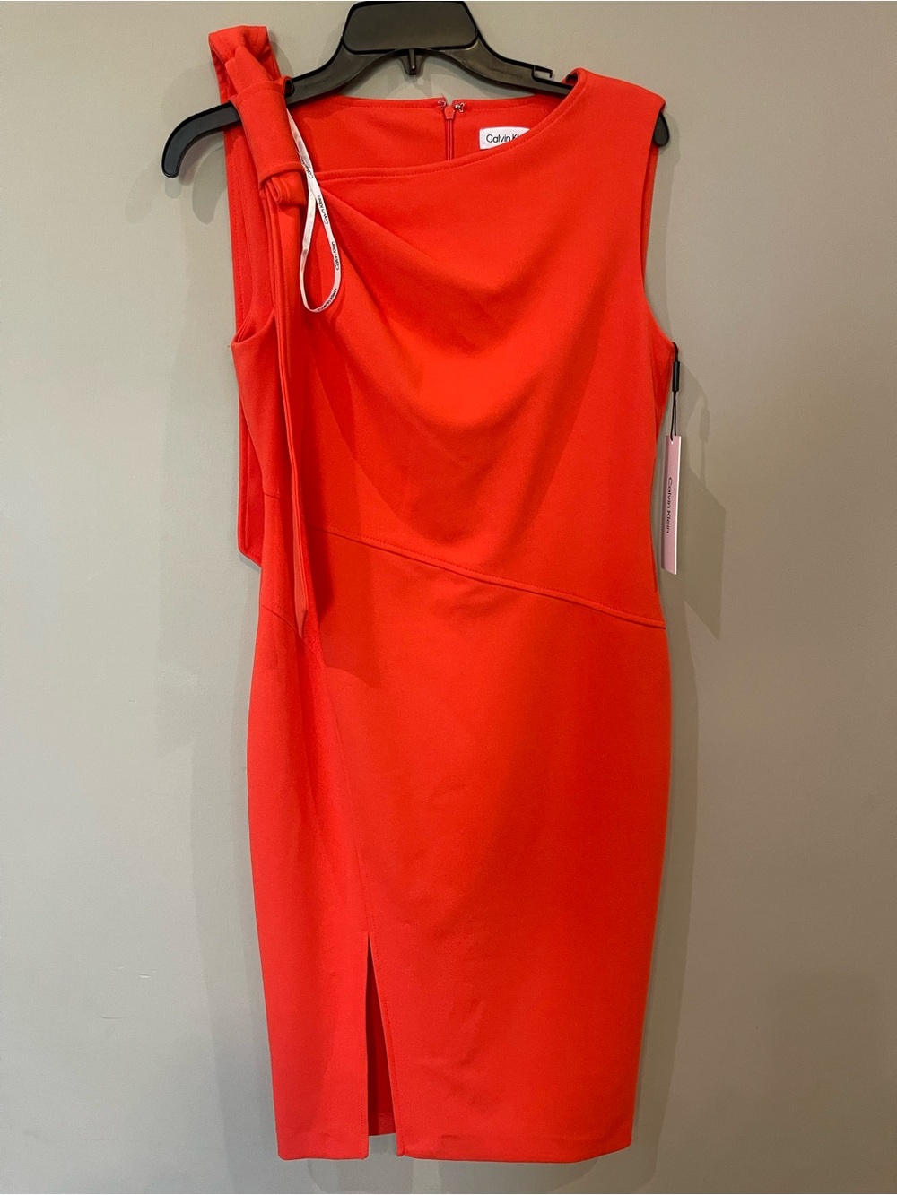 Calvin Klein One-Shoulder Orange Sheath Dress with Side Tie Detail